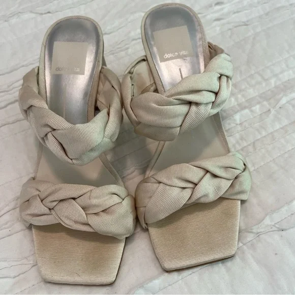 Dolce Vita Beige Silk Double Strap Braided Heels Pheby Size 6 Square Toe - Picture 5 of 11